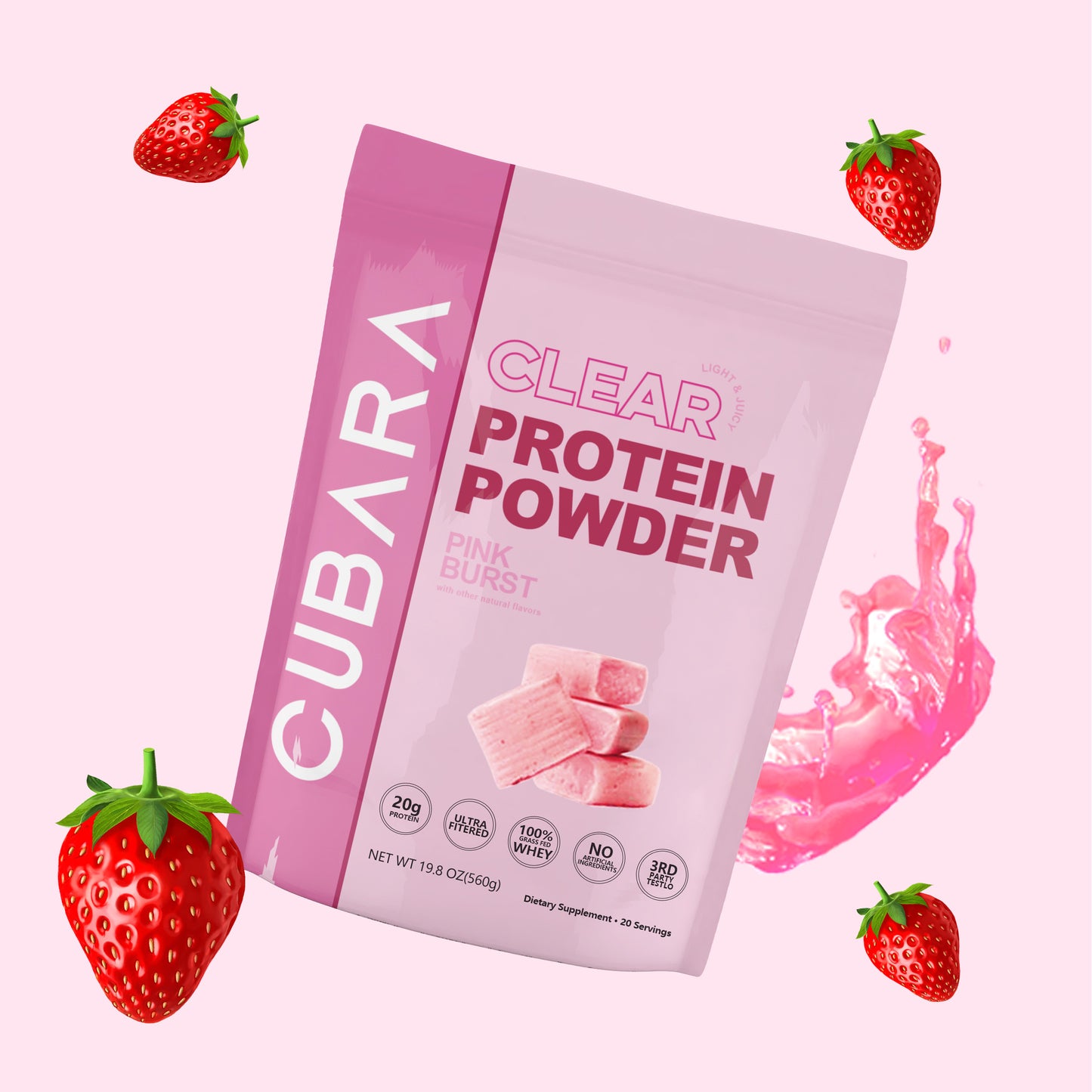 Clear Protein Powder, Pink Burst, Grass-Fed Whey, 20g Protein